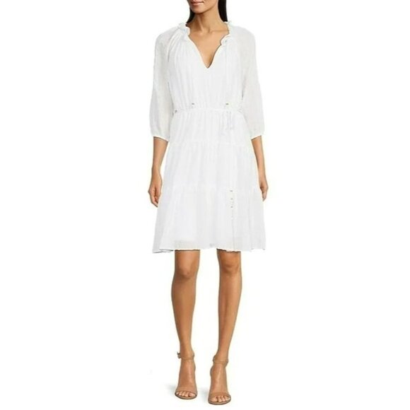 CALVIN KLEIN V NECK 3/4 Sleeve Tiered Ruffle Hem DressSZ 10 NWT